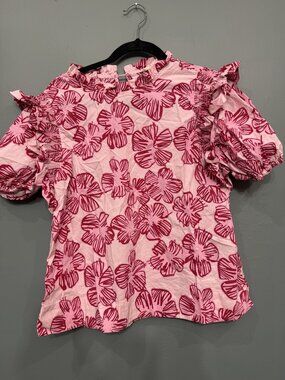 Jodifl Pink Red Floral Ruffle Mock Neck Puff Sleeve Cotton Blouse Size M